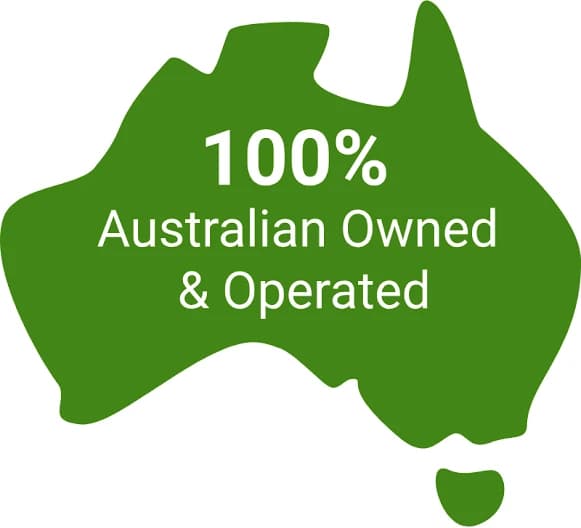 Badge reading 100% Australian owned and operated over a map of Australia